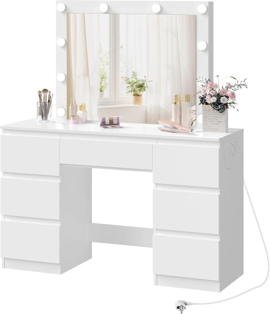 Toeletta da Trucco con Specchio LED Regolabile, Tavolo da Trucco Moderno con Cassetti e 2 Prese, 1 USB-A e 1 USB-C, Cavo di 1,5 m, Bianco