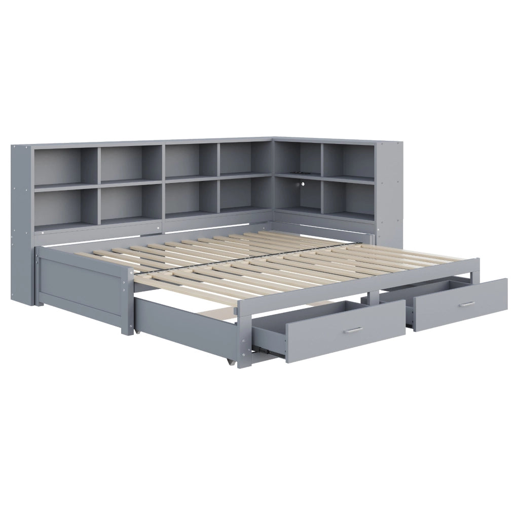 Letto singolo estraibile 90/180x190 cm con cassetti e prese multifunzione grigio