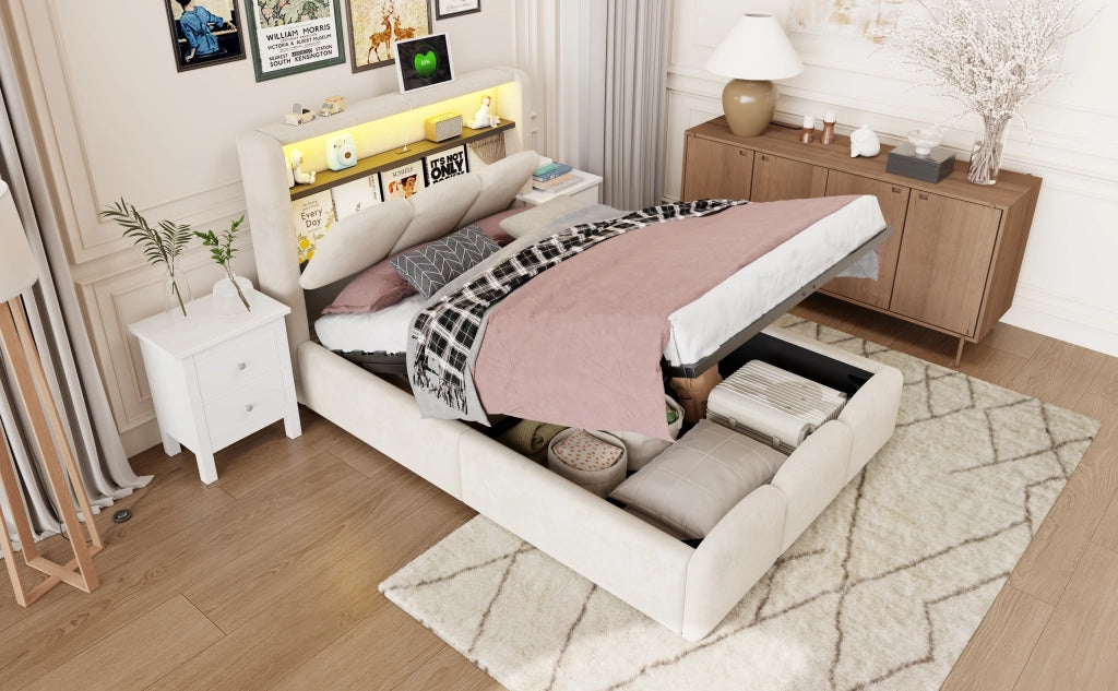 Letto imbottito per bambini con contenitore idraulico, USB-C e LED, 90x200 cm, velluto beige