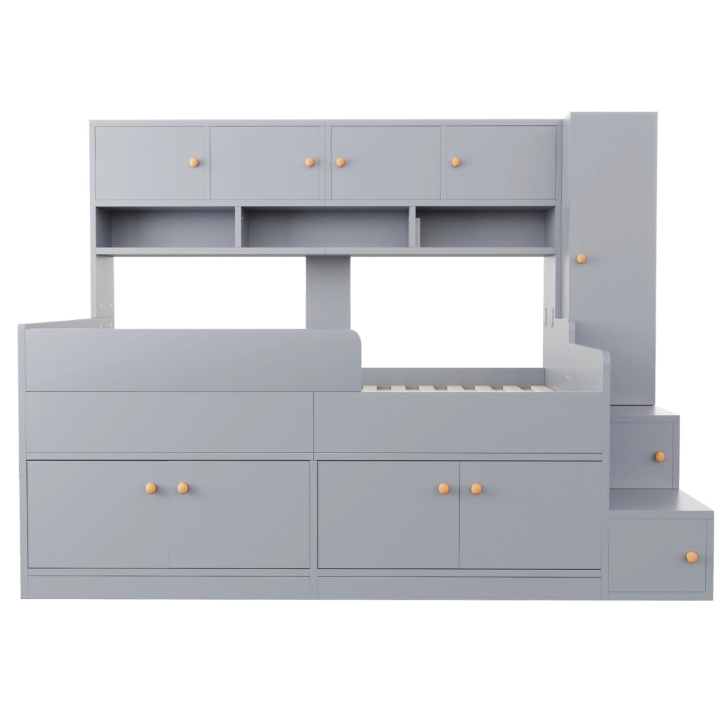 Letto a soppalco ULEVR 90x200 cm con armadi, scala contenitore, ripiani, LED e sponde di sicurezza, grigio
