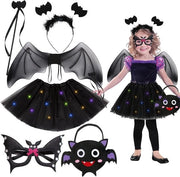 Set di costume Halloween per bambine - Abito da pipistrello con gonna a LED, ali da pipistrello, strega, cintura per capelli, maschera e borsa di cuoio - Costume per Halloween