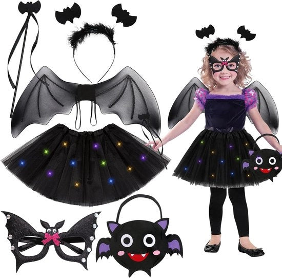 Set di costume Halloween per bambine - Abito da pipistrello con gonna a LED, ali da pipistrello, strega, cintura per capelli, maschera e borsa di cuoio - Costume per Halloween