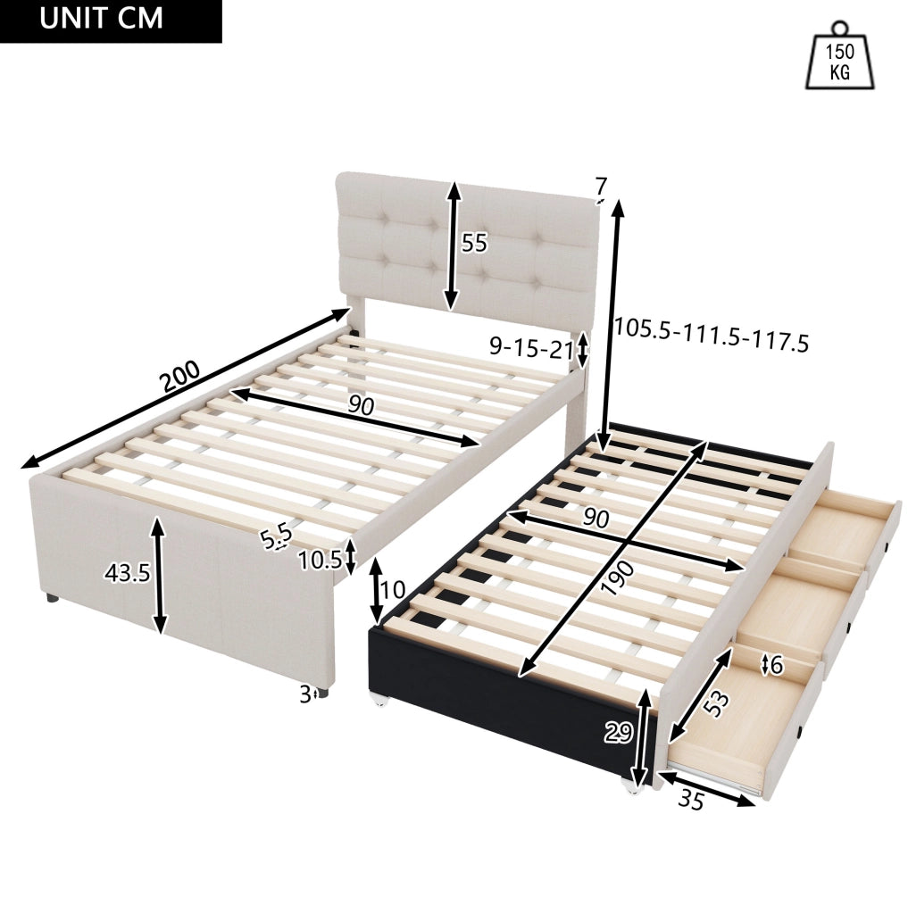 LETTO imbottito estraibile 90x200 cm lino beige con 3 cassetti