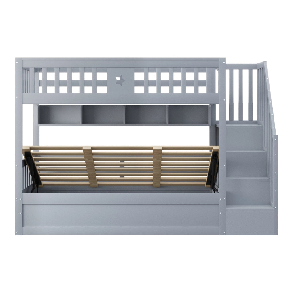 Letto a castello ULEVR 90x200 cm grigio con letto inferiore idraulico, scala contenitore e ripiani