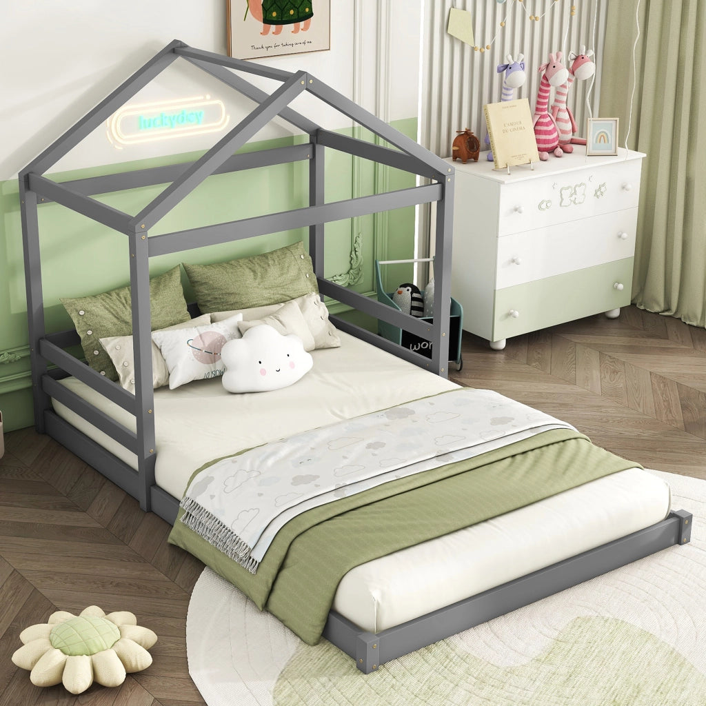 OKWISH Letto a Casetta 140×200 cm, Letto Matrimoniale con Rete a Doghe, senza Materasso, in Pino e MDF, Grigio