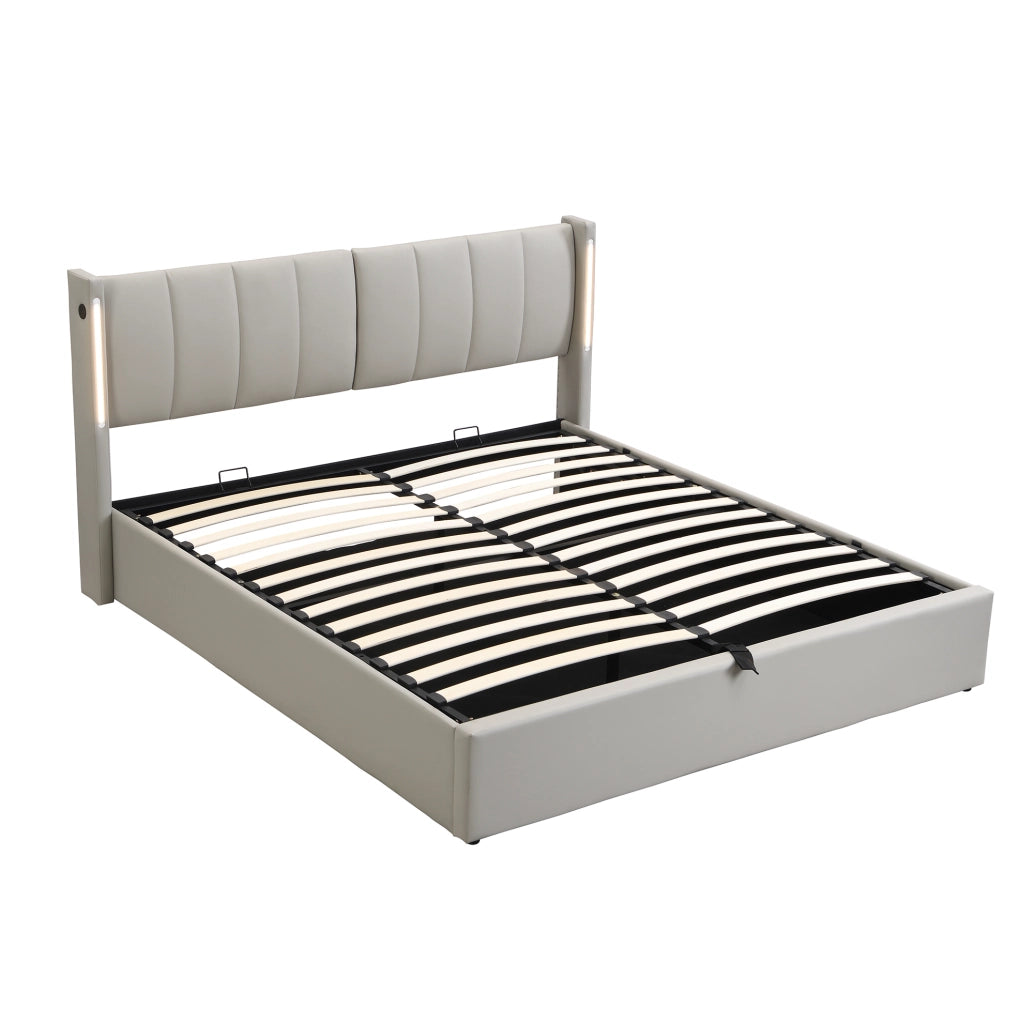 Letto matrimoniale 140x190 cm in PU grigio con LED; USB Type-C e contenitore