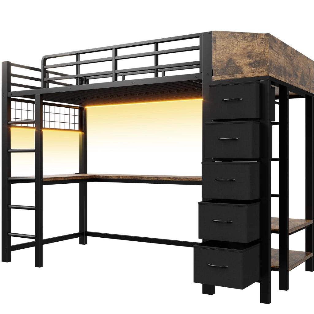 Letto a soppalco in metallo 90x200 cm con scrivania gaming, sistema di contenimento e luci LED