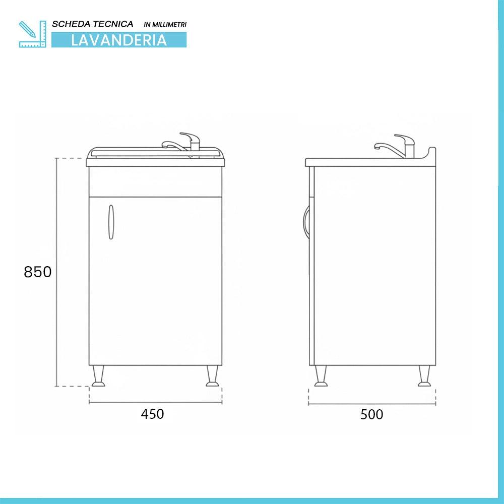 Mobile lavatoio 45 x 50 in legno con asse e kit di scarico incluso Fedra