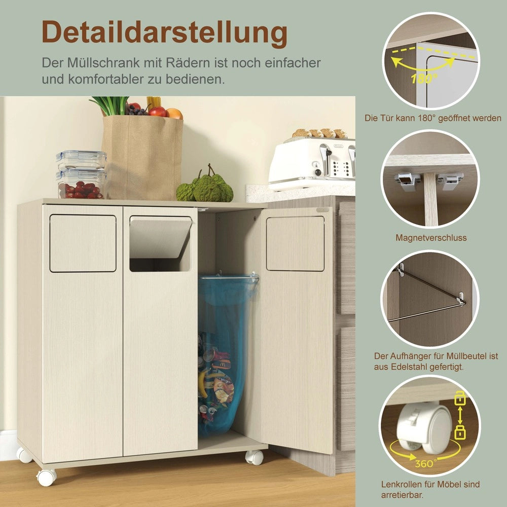 Mobile Raccolta Differenziata 3 Ante con Ruote ¨C Xylo ¨C Legno Chiaro, 69.3x35x80 cm