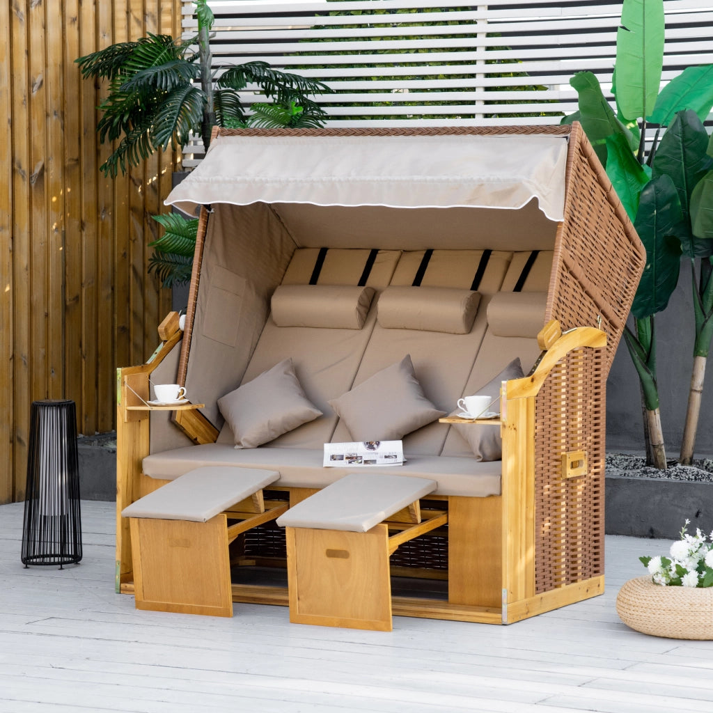 Lettino 3 posti con tetto e tavolini ¨C zephmum ¨C Polyrattan Natur 150x79x160 cm
