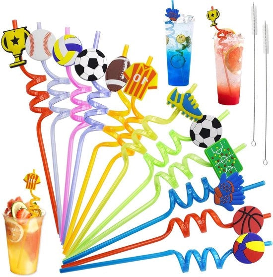Festa di Calcio Premium - Riette di plastica riutilizzabili per bambini (12 pezzi) con pennelli da pulizia - Decorazioni per compleanni di bambini - Tema calcio - Adatti per latte, succo e cocktail