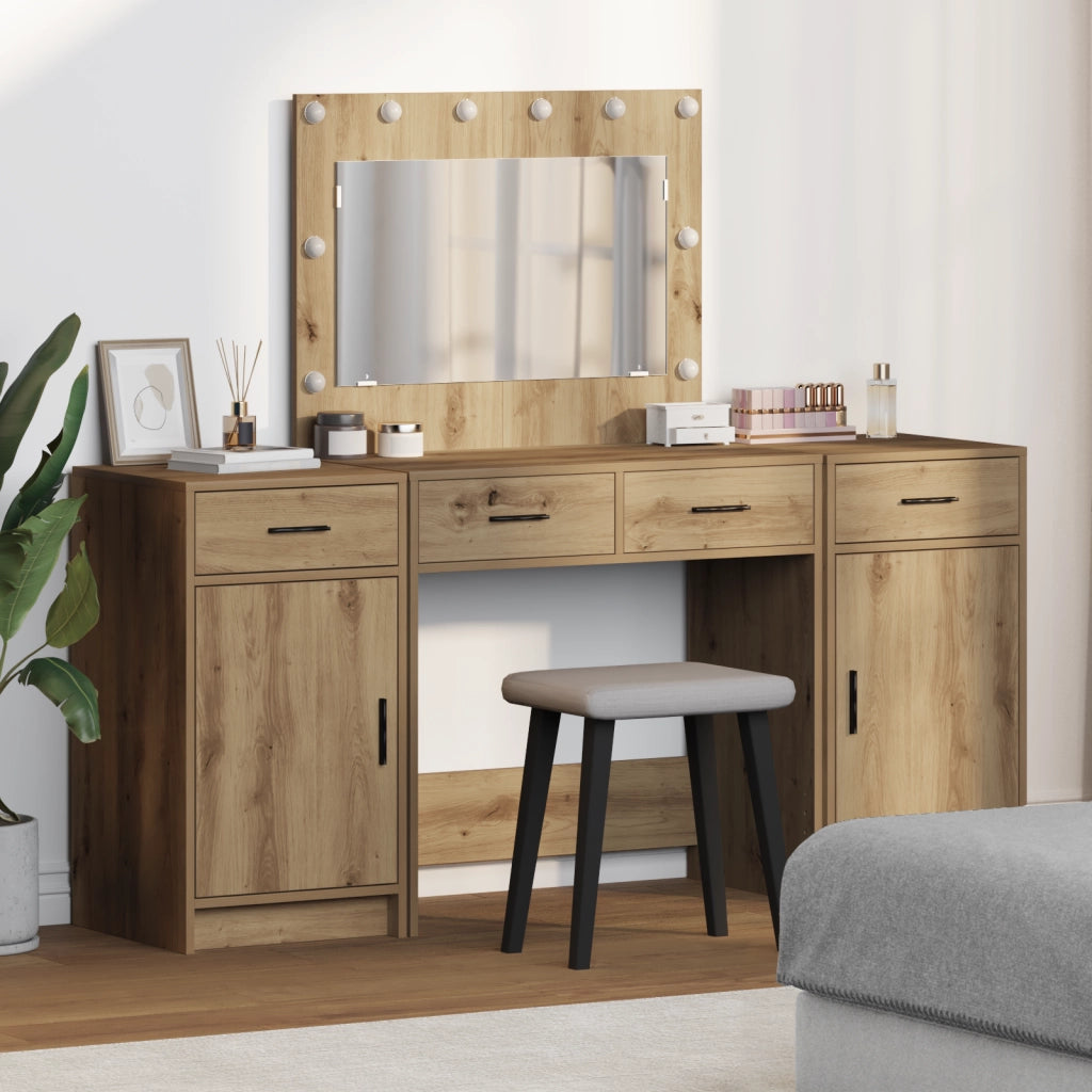 Set di Tavolo da Trucco 3 Pezzi con LED Rovere Artigianale Legno Ingegnerizzato