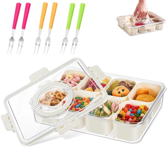Piatto per Snack con Compartimenti - Ideale per Snacks e Frutta - 32 x 25 x 8 cm - Adatto per Bambini e Adulti - Incluso Accessorio per Servizio