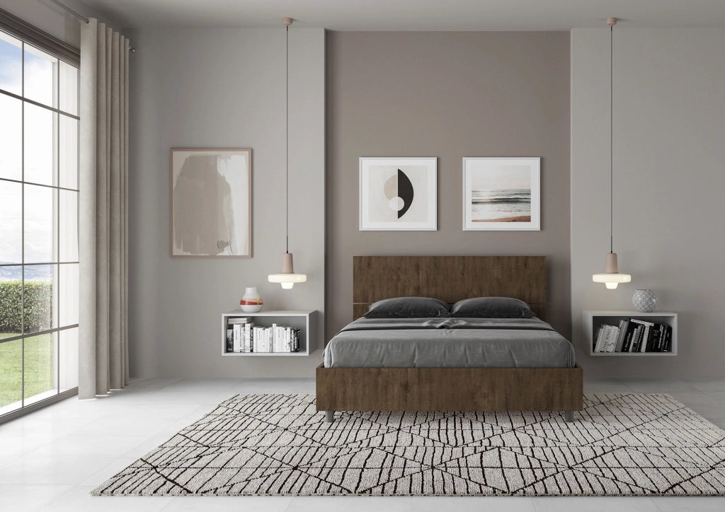 Letto Matrimoniale Francese 140x190 cm con Rete e Contenitore Demas Testata Inclinata Noce