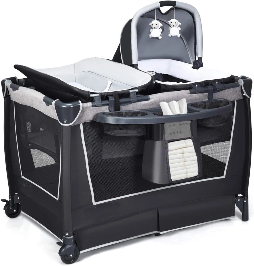4 in 1 Lettino Neonato da Viaggio Pieghevole con Materasso, Culla da Campeggio con Fasciatoio e Giocattolo, per Bambini 0-36 Mesi fino a 15 kg (Grigio Scuro)