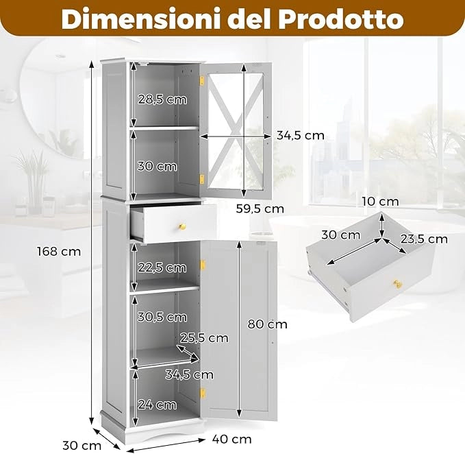 Armadietto da Bagno 40 x 30 x 168 cm, Colonna Bagno con Cassetto, 2 Ante e 3 Ripiani Regolabili, Mobiletto Salvaspazio per Cucina, Soggiorno e Ufficio (Bianco)