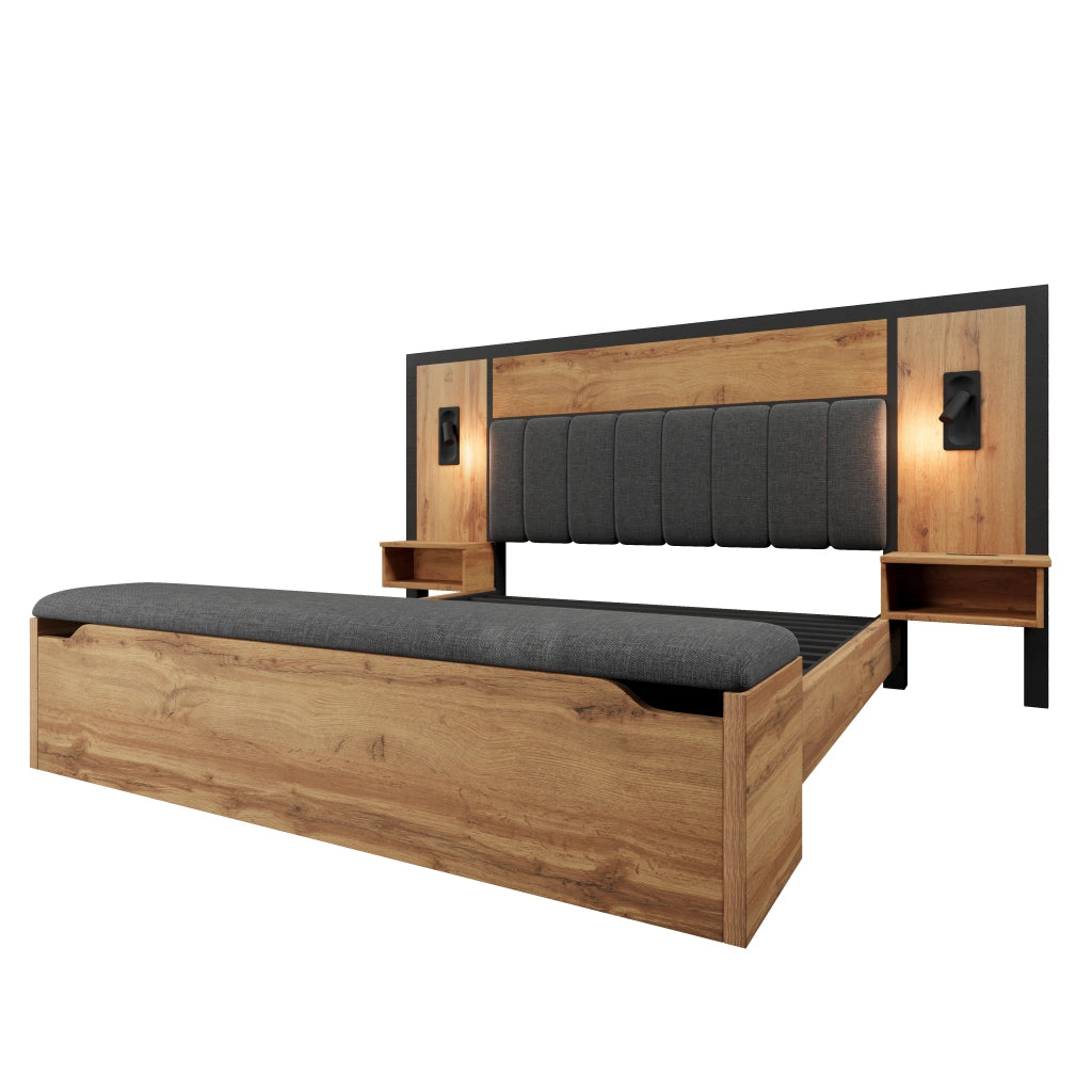 Letto Matrimoniale 2 Posti con Panca Contenitore; Luci da Lettura; USB e Comodini; 160×200 cm; senza Materasso