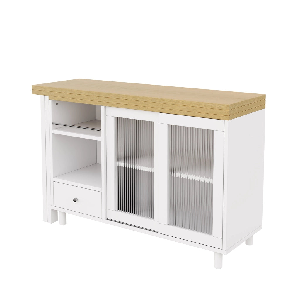 Tavolo da pranzo pieghevole allungabile 120x40x75;5 cm con contenitore; piano girevole 360°; MDF/metallo/vetro; bianco