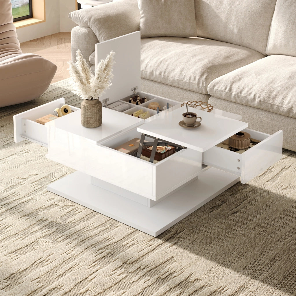 Tavolino da caffè multifunzione 72x72 cm con piano elevabile; LED e cassetti bianco