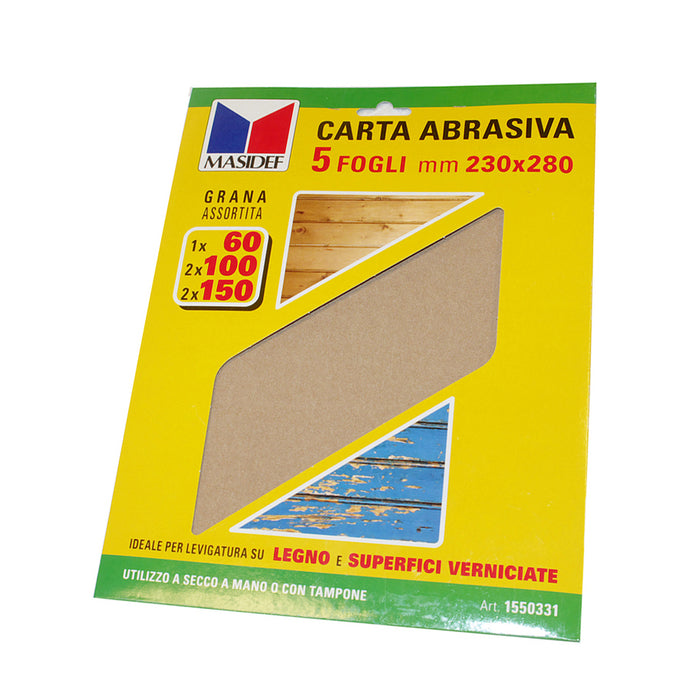 Fogli carta abrasiva per legno e superfici verniciate 5 pz.