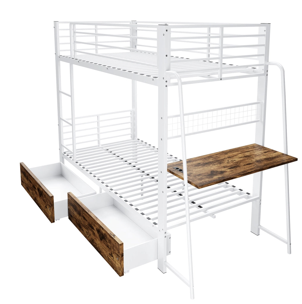 Letto a soppalco 90x200 cm con scrivania; illuminazione LED; MDF e metallo; bianco