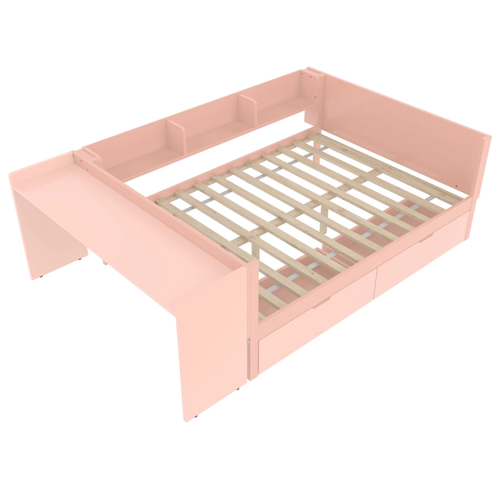 Letto matrimoniale ULEVR 140x200 cm con scrivania, 2 cassetti e 3 ripiani, rosa