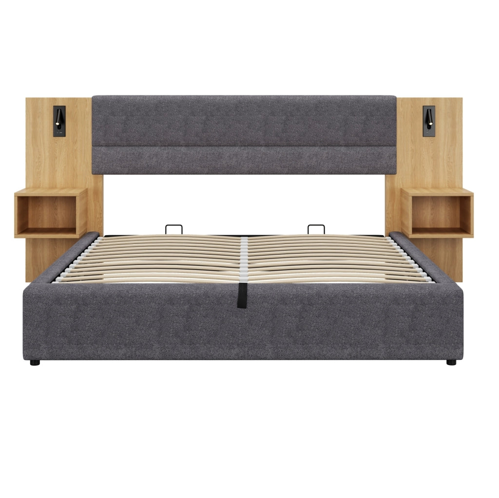 Letto matrimoniale 160x200 cm in velluto con contenitore idraulico; USB e 2 comodini; naturale e grigio