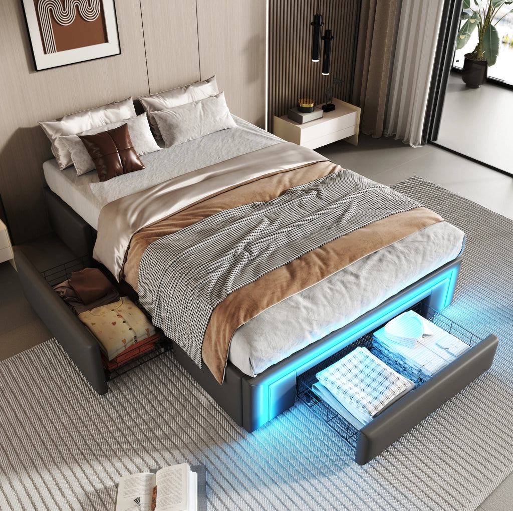 Letto singolo 90x200 cm con cassetti e LED RGB grigio