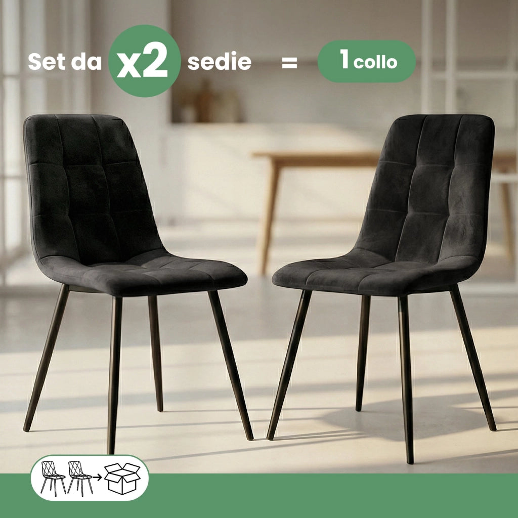 Set di 2 Sedie in velluto trapuntate NERO Nero gambe nere