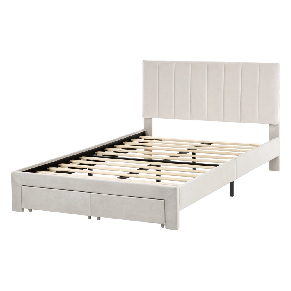 Letto matrimoniale 120 x 200 cm Bianco Sporco Rivestimento in velluto 4ft con cassetti Testiera Base a doghe Moderno
