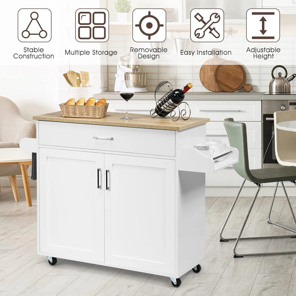 Carrello da Cucina, Credenza Mobile con Cassetto, Anta Doppia, Portaspezie e Portasciugamano, Ripiani Regolabili, Ruote con Freni, Portata di 50 kg, 116x40x85 cm, 4 Colori (bianco)