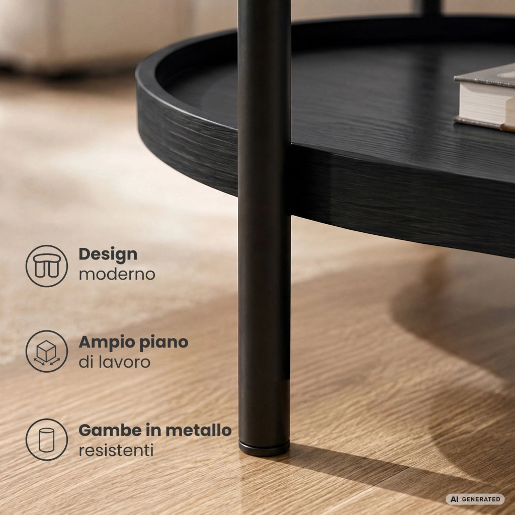 Tavolino da salotto stile loft CORTADO 90 cm ovale con ripiano nero gambe nere