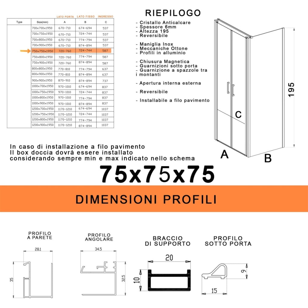 Box doccia saloon tre lati senza profili trasparente 6mm h195 dobla, misura 75x75x75