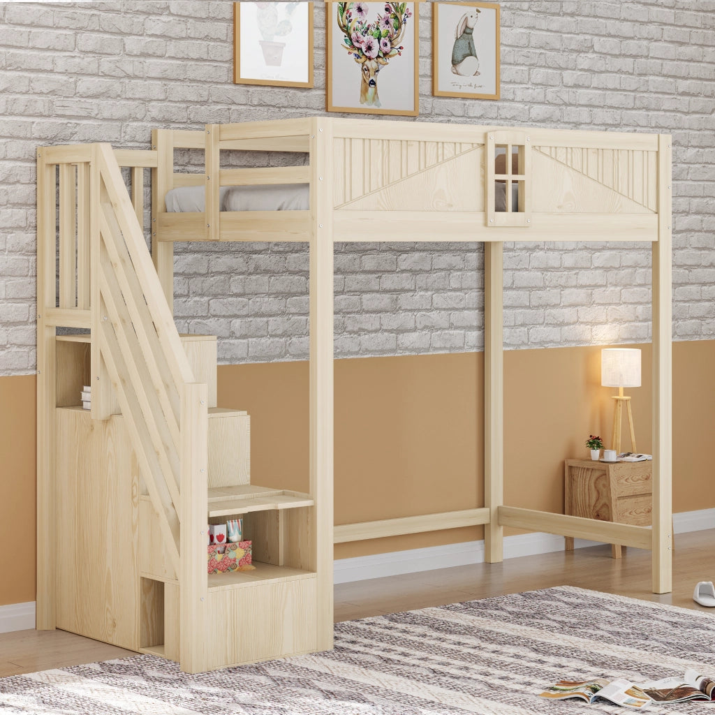 DESMIU Letto a soppalco 1 posto con contenitore, scala reversibile e finestra 90 × 200 cm, senza materasso