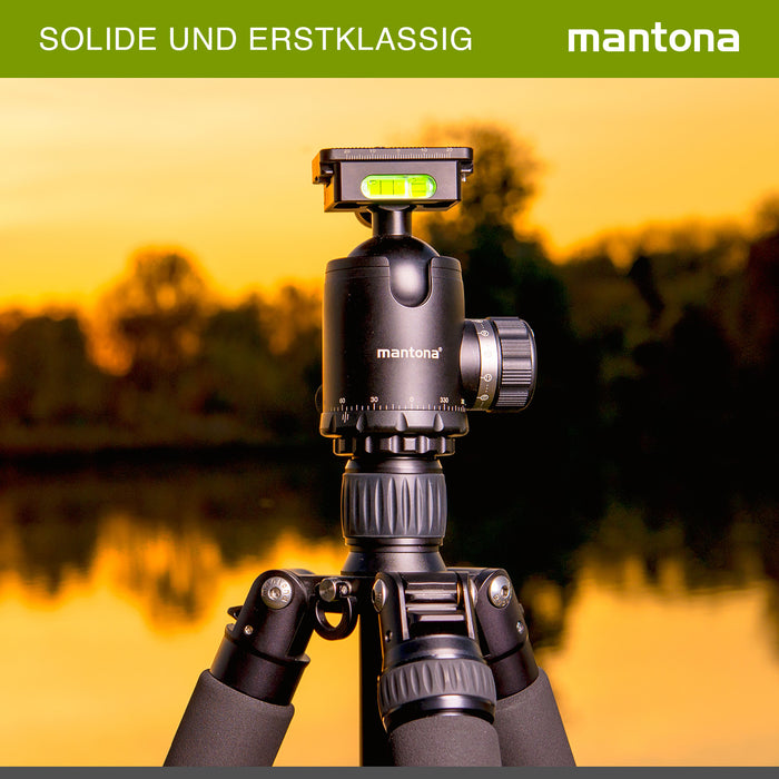 Mantona Fortress Testa a sfera per stativi treppiedi fotografici, 46 mm max 25 kg, con funzione panoramica 360° e 3 livelle, incl piastra sgancio rapido, per fotocamera accessori fotografia