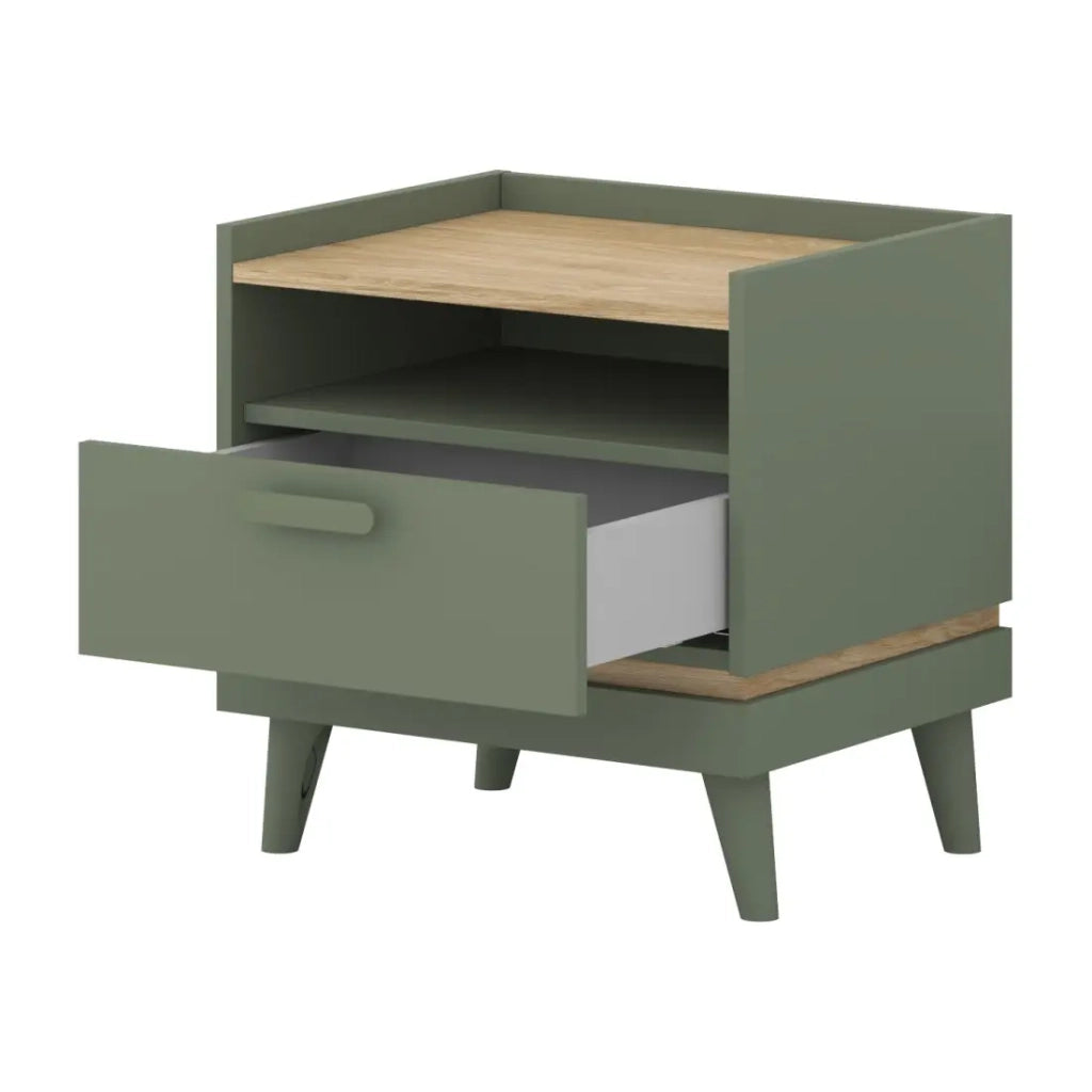Tavolino da notte NOKI – Verde e legno – 1 cassetto stile scandinavo