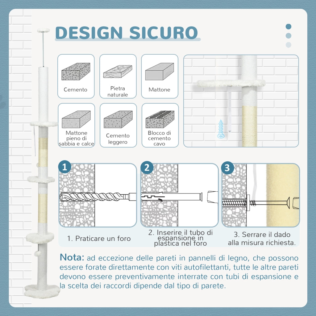 Albero Tiragraffi per Gatti a Soffitto 48x32x225-255 cm Pali con Corda in Cotone Bianco