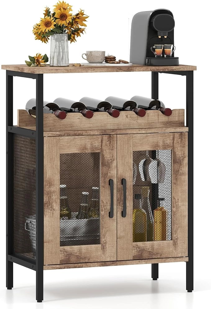 Armadio per Vino con Portaoggetti, Portabottiglie di Vino con Portabottiglie e Porta Bicchieri Rimovibili, Armadietto con Portabottiglie, 60 x 34 x 79 cm (Marrone Chiaro)