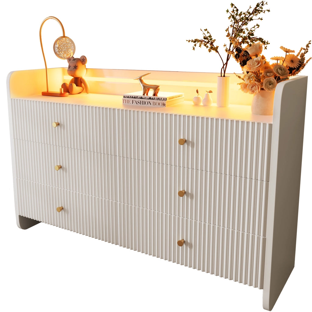 Credenza moderna con LED; 6 cassetti e vano aperto 120x40x75 cm bianca