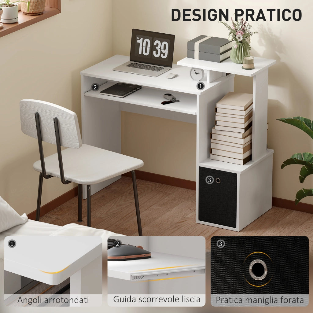 Scrivania Moderna con Mensola per Tastiera e Cassetto in Tessuto, 100x40x86.6cm, Bianco e Nero