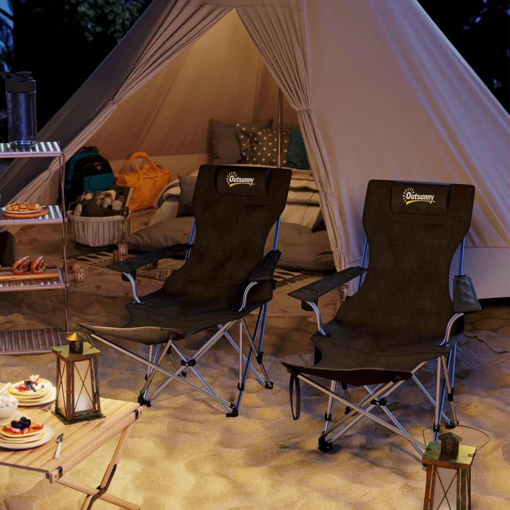 Sedia Pieghevole da Camping con Poggiapiedi e Portabicchieri ¨C zephmum ¨C 2 Pezzi, Nero, 125x48x90 cm