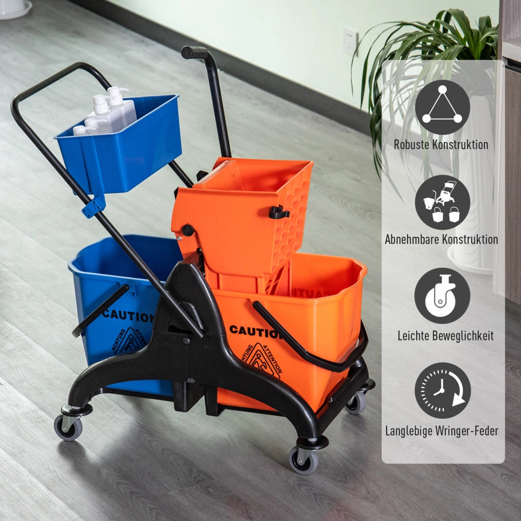 Carrello per la pulizia Carrello professionale per la pulizia con pressa a ganasce 2 secchi + contenitore Arancione Blu
