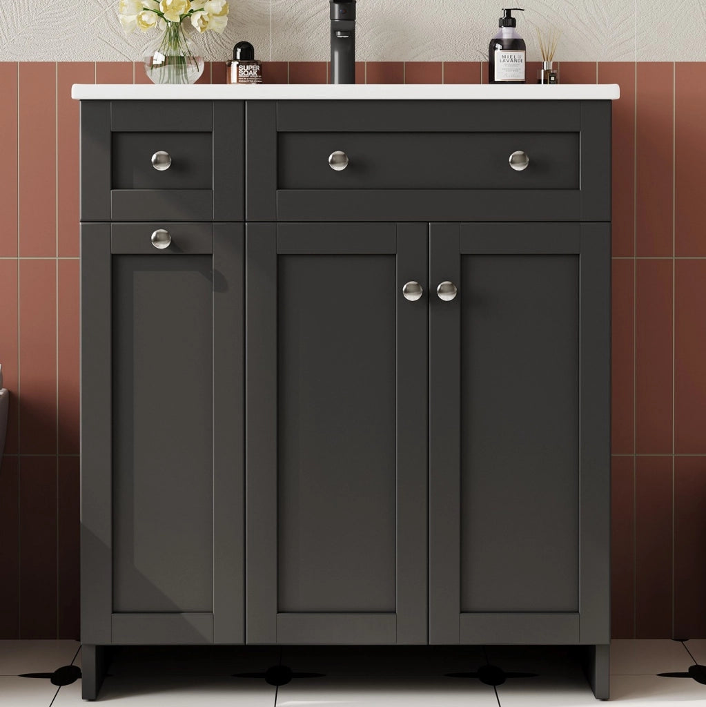 Mobile bagno freestanding nero con lavabo in ceramica, 3 cassetti e anta, 76x47x86 cm