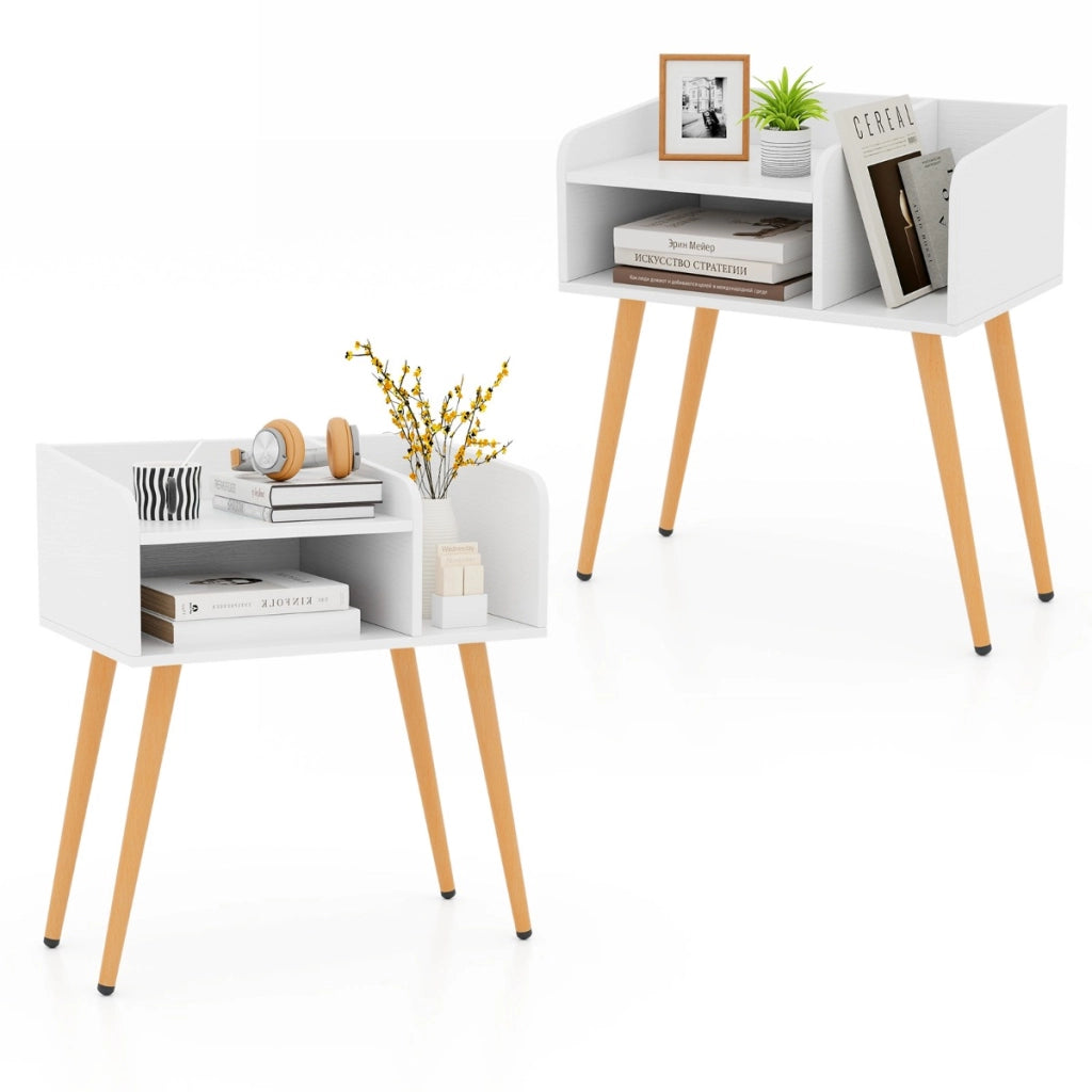 Set di 2 Comodini in stile moderno semplice ma pratico, Tavolini a 2 piani con mensole aperte Bianco + Naturale-Comodini
