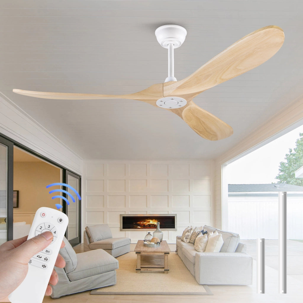 Ventilatore da soffitto 60 pollici senza luce; legno e metallo; bianco e naturale con telecomando