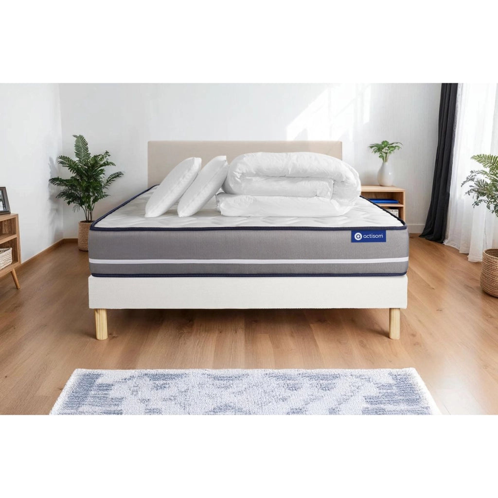 Pacchetto letto completo - Materasso 200x200cm + Box spring con doghe (kit) + 2 cuscini + Piumino - Actiflex Pur