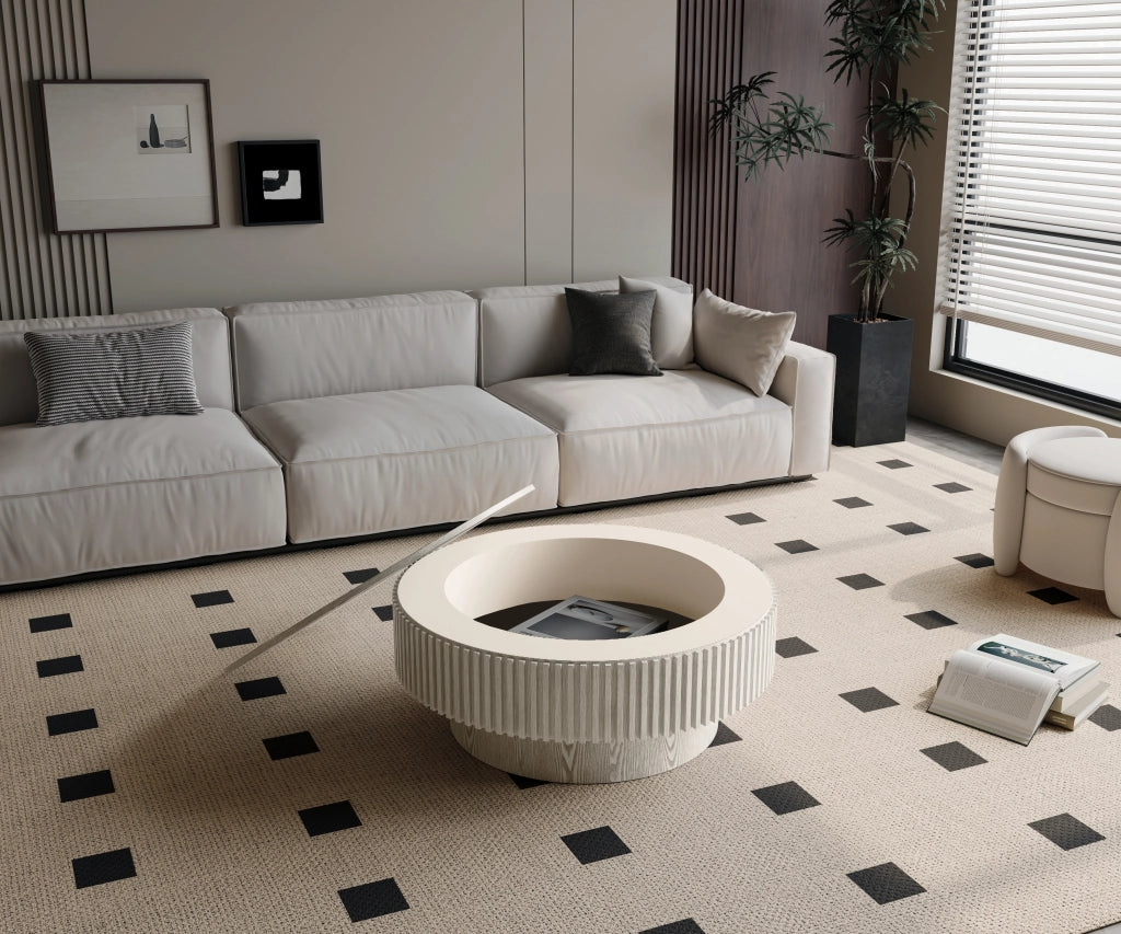 Tavolino basso rotondo con contenitore nascosto e design scanalato, per soggiorno e camera da letto, bianco vintage