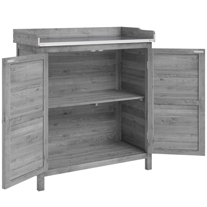 Mobile da giardino con banco da lavoro, armadio portasciugliastrumenti in legno grigio con piano zincato