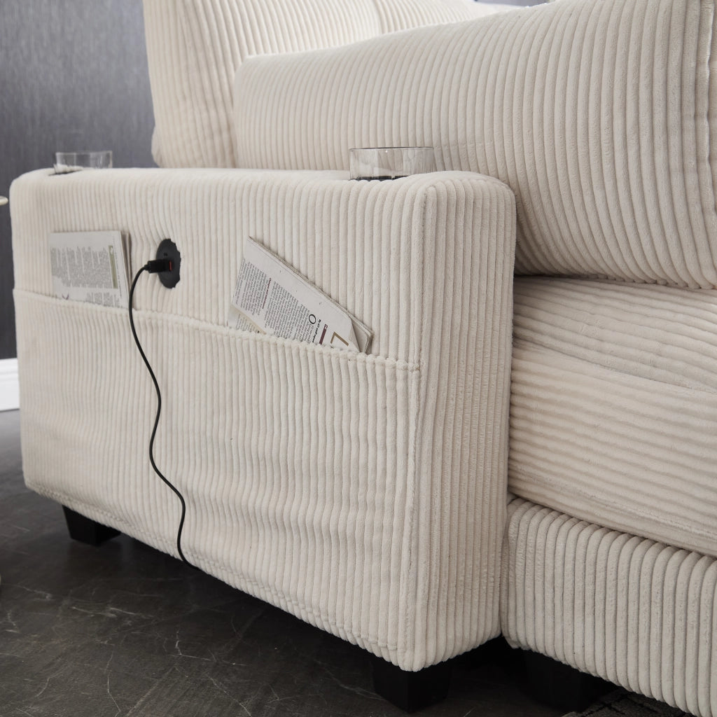Divano modulare 2 posti - con 4 portabicchieri; tasche laterali e USB - in velluto a coste beige