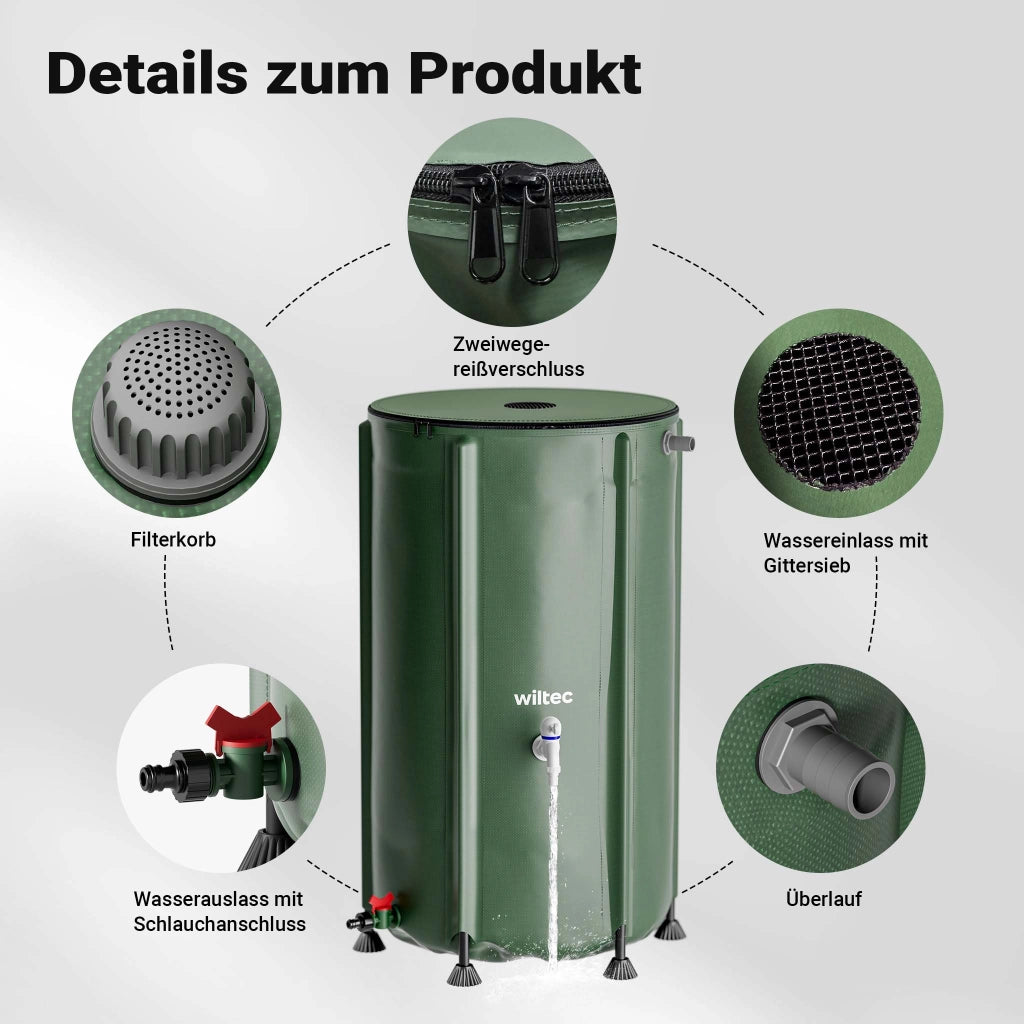 Serbatoio acqua piovana pieghevole da 250 l, con coperchio e rubinetto, contenitore raccolta acqua piovana in PVC da 620 g/m² con attacco per tubo